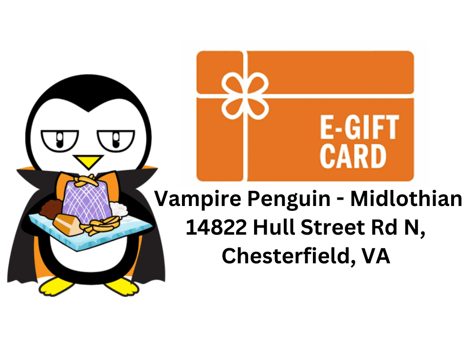 Vampire Penguin holding a sandwich next to an E-Gift Card design.