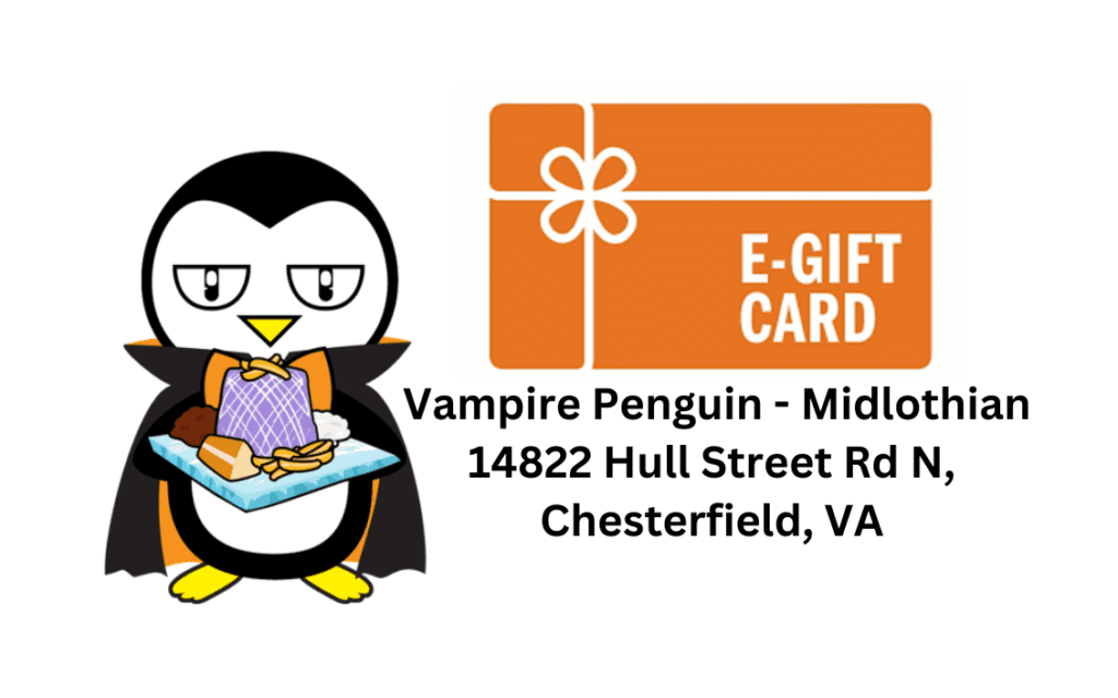 Vampire Penguin with a burger next to an E-Gift Card for Midlo Deli in Chesterfield, VA.