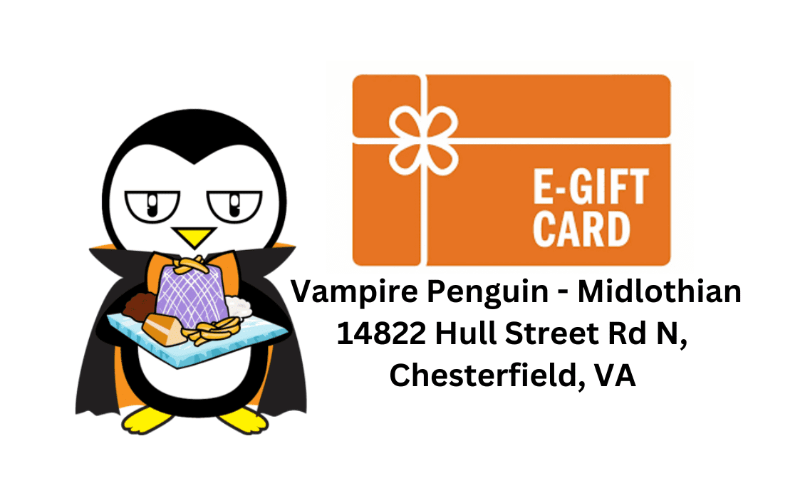 Vampire Penguin with a burger next to an E-Gift Card for Midlo Deli in Chesterfield, VA.